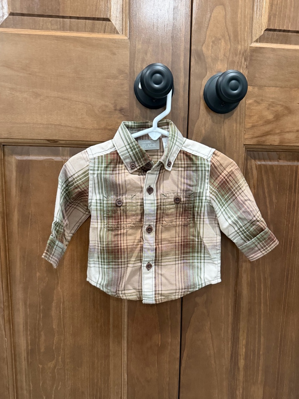 The Children's Place Boys Long Sleeve Plaid Button Up Shirt, Green & Brown, 0-3m